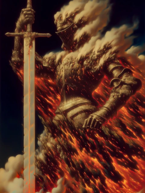 Illustration of a knight in full armor, engulfed in flames, wielding a sword against a dark, cloudy sky, creating a dramatic scene.